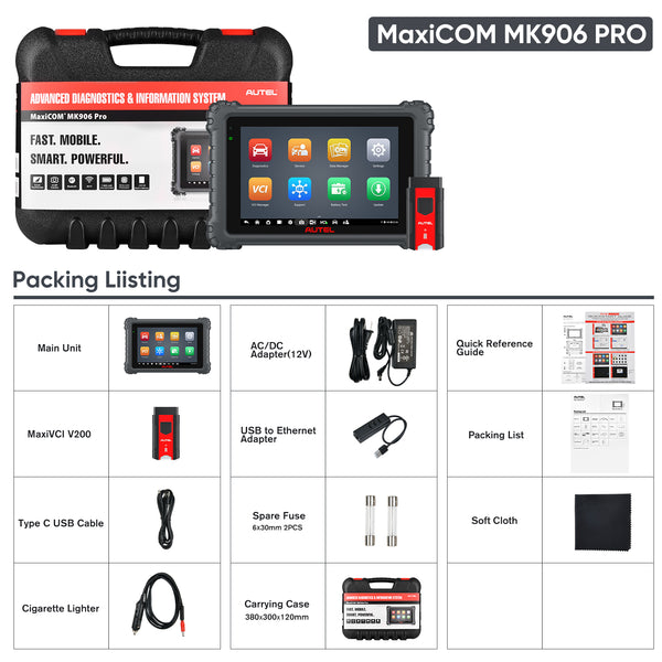 Autel MaxiCOM MK906 PRO MK906S PRO Tablet Diagnostic Scanner Package List