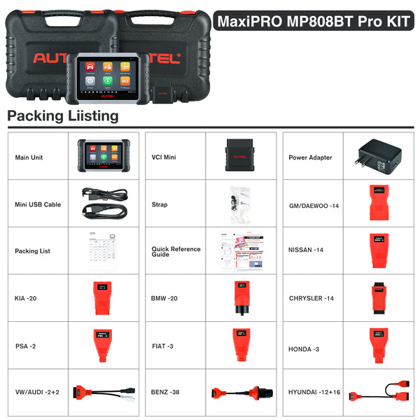 Autel MaxiPRO MP808BT Pro Kit Package List